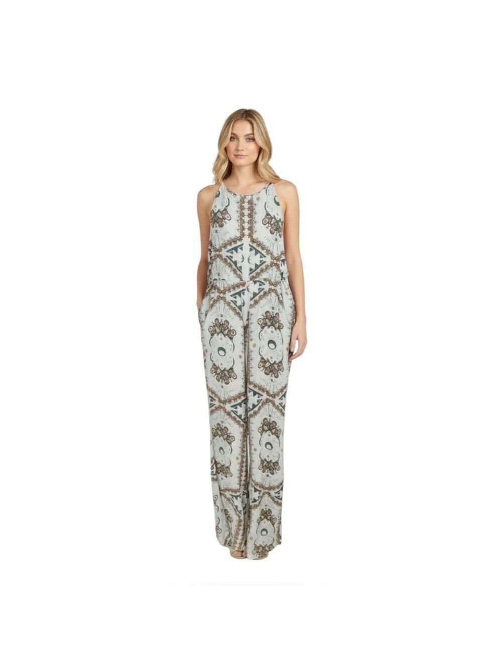 Cleobella Celestial Halter Jumpsuit Size XS/S Open Back Blue Gray Boho Wide Leg